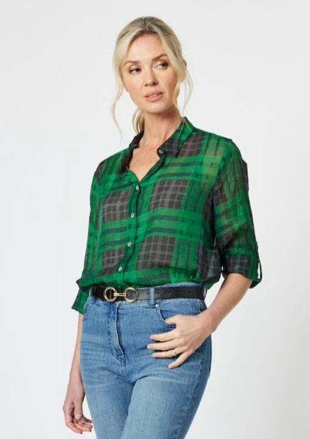 Elegant Green Plaid Sheer Blouse